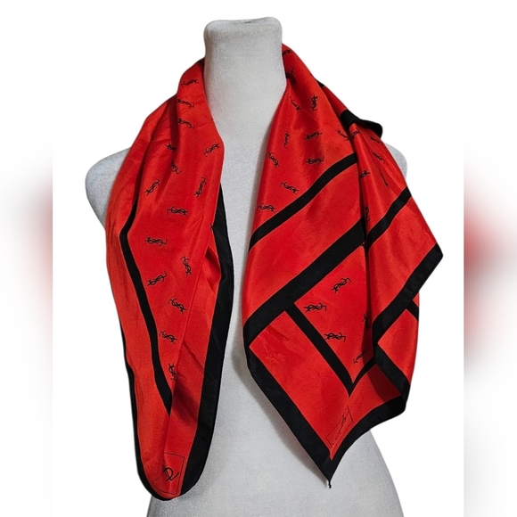 YVES SAINT LAURENT YSL Vintage Large Silk Scarf Signed Logo Red/Black.34" Square - Picture 1 of 11